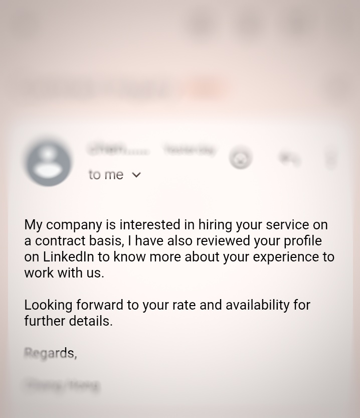 Founder emailing Jennavi to request contract details after reading Jennifer's profile