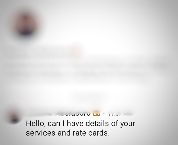 Founder requesting Jennavi's rate card, unprompted, over LinkedIn DM