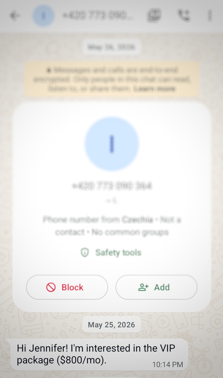 Founder in Czechia asking about the Jennavi VIP tier over WhatsApp