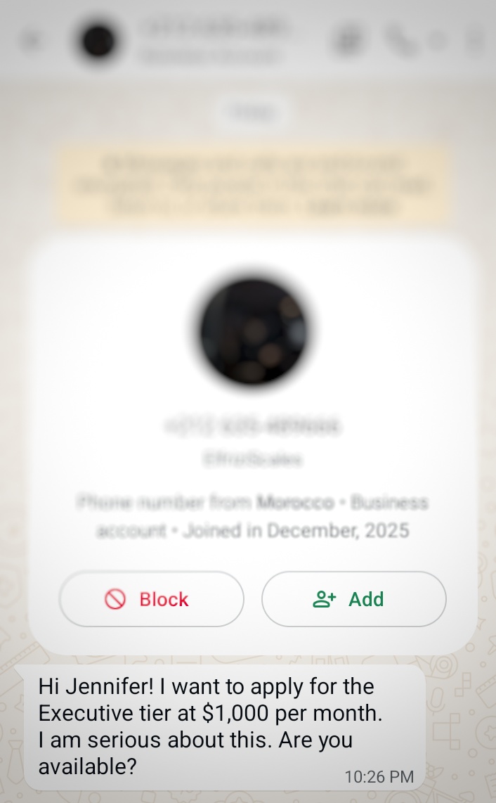 Founder in Morocco applying for the Jennavi Executive tier over WhatsApp